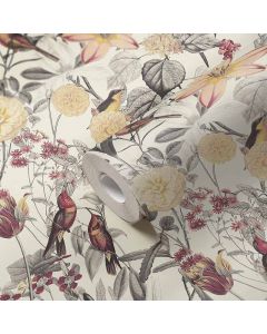 Tapete Blumen Vogel Blüten Rot Gelb Grau Papiertapete (1037525)