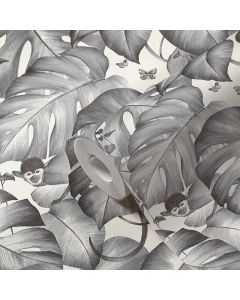 Tapete Dschungel Affe Monstera Blätter Ranken Grau Weiß Papiertapete (1037528)