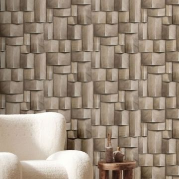 Vliestapete mit Holzmotiv geometrisch beige, braun 3D-Optik (KG-171420)