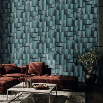 Vliestapete mit Holzmotiv geometrisch blau, türkis 3D-Optik (KG-171421)