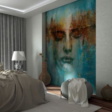 Fototapete in Grün mit abstraktem Gesicht Grafisch Modern für Wohnzimmer Schlafzimmer Küche (KG-171485)