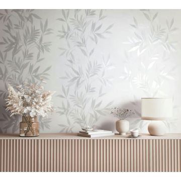 Vliestapete in weiß, grau Blattmotiv Blätteroptik Floral Natur (KG-171567)