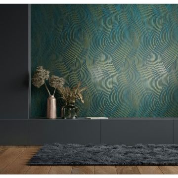 Vliestapete in grün, gold Wellenoptik Struktur Grafisch Modern (KG-171579)