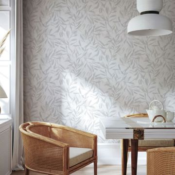 Vliestapete in Weiß Grau Blätter Blattoptik Vintage Floral Natur für Wohnzimmer Schlafzimmer Küche (KG-171623)