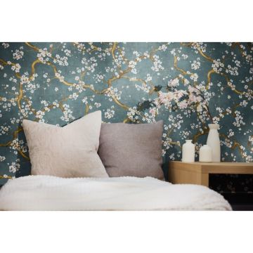 Blütenzweig Tapete Äste Dunkelblau Gold Metallic Weiß Design Vliestapete (KG-171774)