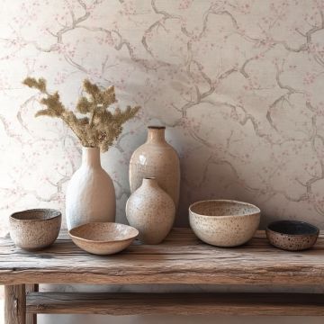 Kirschblüten Tapete Hellgrau Rosa Weiß Japanisches florale Vliestapete modern (KG-171775)