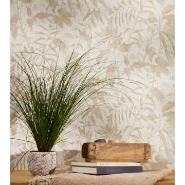 Blätter Tapete Beige Weiß Gold Metallic Pflanzen Vliestapete Dschungel (KG-171777)