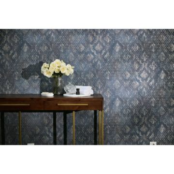 Barock-Tapete Royal Blau Silber Metallic Vliestapete mit Glanz Ornamenten (KG-171819)