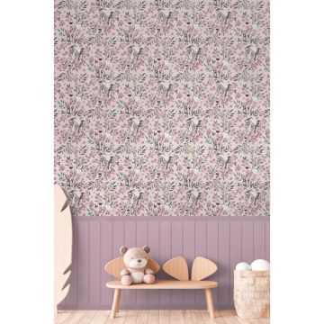 Fototapete Vögel Zweige Rosa florales Muster mit Holzpaneel Landhaus Vliestapete (KG-172166)