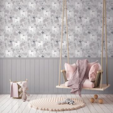 Einhorn Fototapete Grau Vliestapete mit Holzpaneel Märchenhafte Tapete für Kinderzimmer (KG-172168)