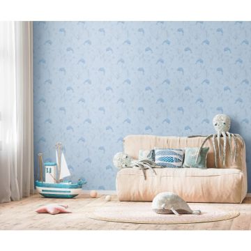 DelfinTapete Hellblau Kindertapete mit Meeresmotiven Unterwasser Vliestapete Kinderzimmer (KG-172181)