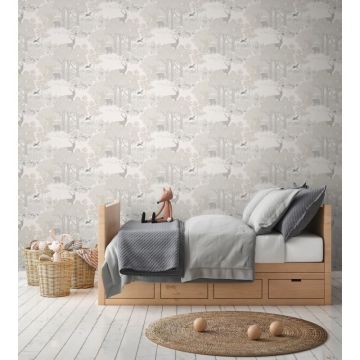 Tapete Wald mit Tieren Beige Grau Kindertapete mit Bär Hirsch Vliestapete Kinderzimmer Jungen (KG-172183)