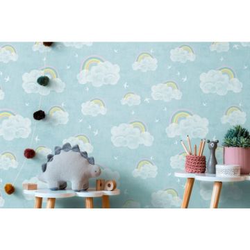 Wolken Tapete mit Regenbogen Blau Bunt Kinderzimmer Tapete mit Vögeln Vliestapete (KG-172199)