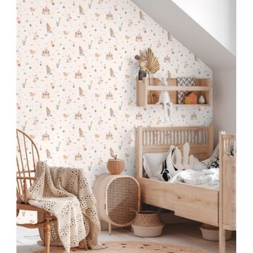 Zirkus-Tapete Hellbeige Bunt Kinderzimmer Vliestapete mit Zirkustieren Artistik (KG-172203)