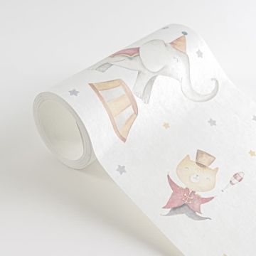 Bordüre Kinderzimmer Zirkustiere Tapetenborte Hellbeige Bunt Wandbordüre Zirkus (KG-172204)