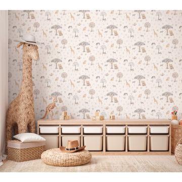 Kinderzimmer Tapete Sfarie Tiere Beige Vliestapete mit Giraffe Zebra Elefant Kindertapete (KG-172211)