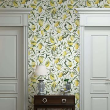 Vliestapete Zitronen, Blätter Floral Natur matt in Weiß für Wohnzimmer, Schlafzimmer (KG-172658)