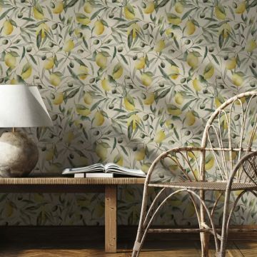 Vliestapete Zitronen, Blätter Floral Natur matt in Beige für Wohnzimmer, Schlafzimmer (KG-172659)