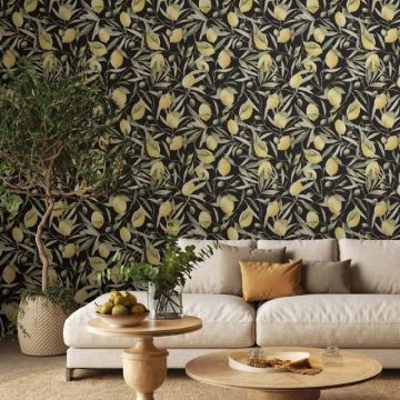 Vliestapete Zitronen, Blätter Floral Natur matt in Schwarz für Wohnzimmer, Schlafzimmer (KG-172660)