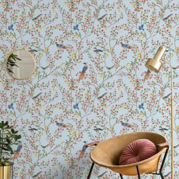 Vliestapete Vögel, Blumen Floral Natur matt in Blau für Wohnzimmer, Schlafzimmer (KG-172661)