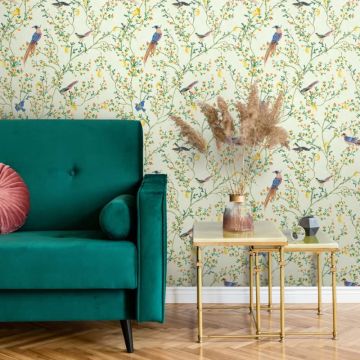 Vliestapete Vögel, Blumen Floral Natur matt in Grün für Wohnzimmer, Schlafzimmer (KG-172664)
