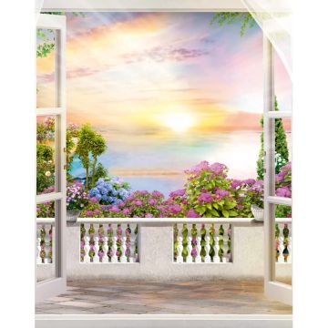 Vliestapete Sonnenuntergang, Balkon Grafisch Natur matt in Grau für Wohnzimmer, Schlafzimmer, Büro (KG-172684)