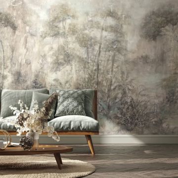 Fototapete in gezeichneter Wald beige, grün, braun Floral (KG-172726)