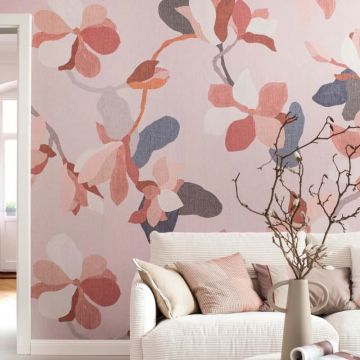 Digitaldruck Blumen, Blätter Floral Natur, Modern in Rosa-Braun für Wohnzimmer, Schlafzimmer (KG-172891)