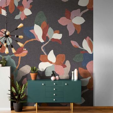 Digitaldruck Blumen, Blätter Floral Natur, Modern in Anthrazit für Wohnzimmer, Schlafzimmer (KG-172892)