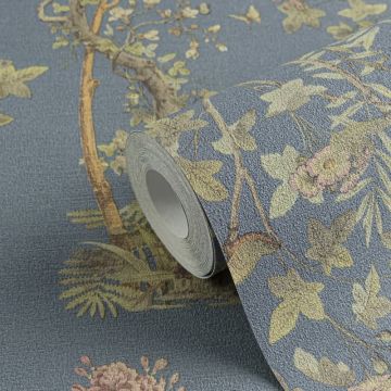 Blumen-Tapete mit Schmetterlinge Blau Bunt - Vliestapete klassisch strukturiert AS-Creation (KG-174679)