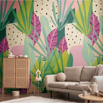 Tropische Dschungel livingwalls Vliestapete - Wandbild 280x159 cm - Buntes Blätterdesign mit Exotic-Vibe  (KG-175205)