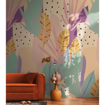 Tropische Boho livingwalls Vliestapete - Wandbild 280x159 cm - Dezente Naturfarben mit exotischem Blättermuster  (KG-175206)