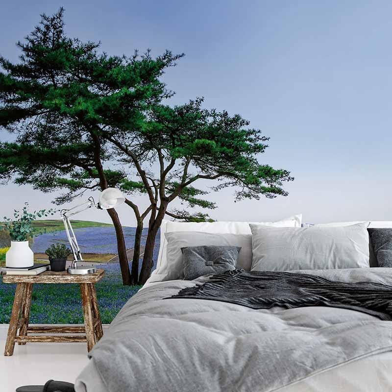 Digitaldruck-Tapete Tree in Blue Flower Field in Japan livingwalls (1033863)