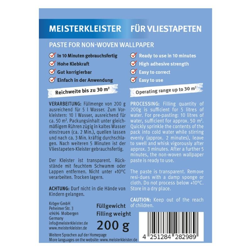 5 x Meisterkleister Instant Rollkleister für Vliestapeten (1 kg für 150 m²)