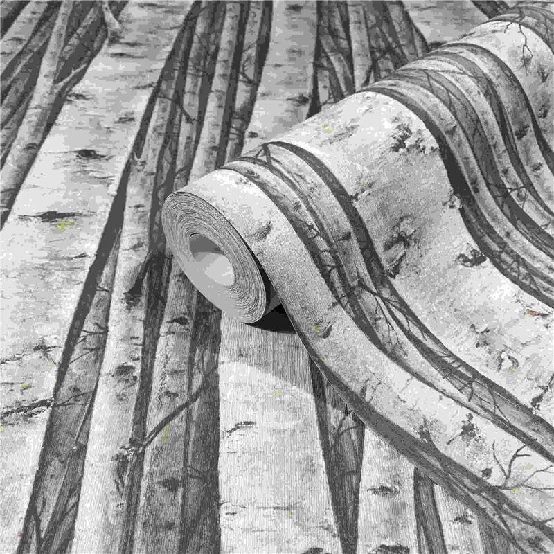 Vliestapete mit Wäldern und Buchenbäumen grau, braun Floral (KG-171425)