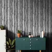 Vliestapete mit W&auml;ldern und Buchenb&auml;umen grau,...