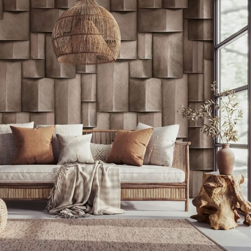 Vliestapete mit Holzmotiv geometrisch weiß, braun 3D-Optik (KG-171431)