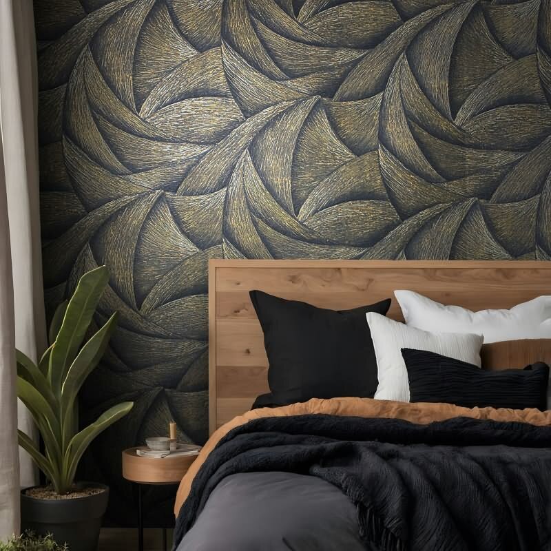 Vliestapete in Schwarz, Gold 3D-Optik Wellen Grafisch Modern für Wohnzimmer Schlafzimmer Küche (KG-171437)