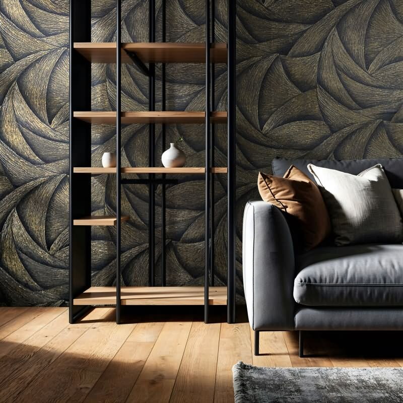 Vliestapete in Schwarz, Gold 3D-Optik Wellen Grafisch Modern für Wohnzimmer Schlafzimmer Küche (KG-171437)