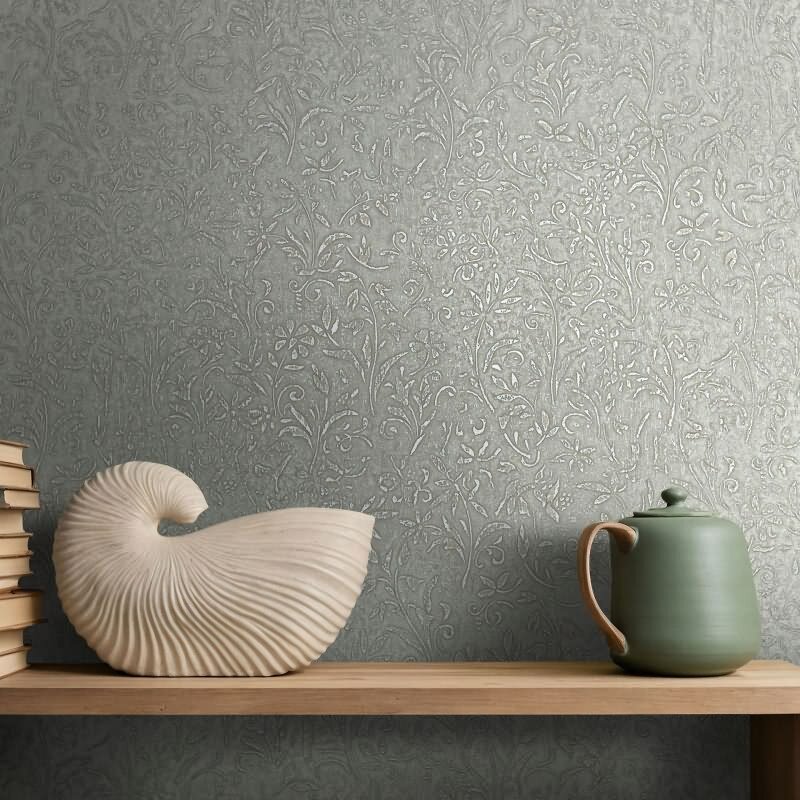 Vliestapete in Grau Blattmotiv Floral Natur für Wohnzimmer Schlafzimmer Küche (KG-171460)