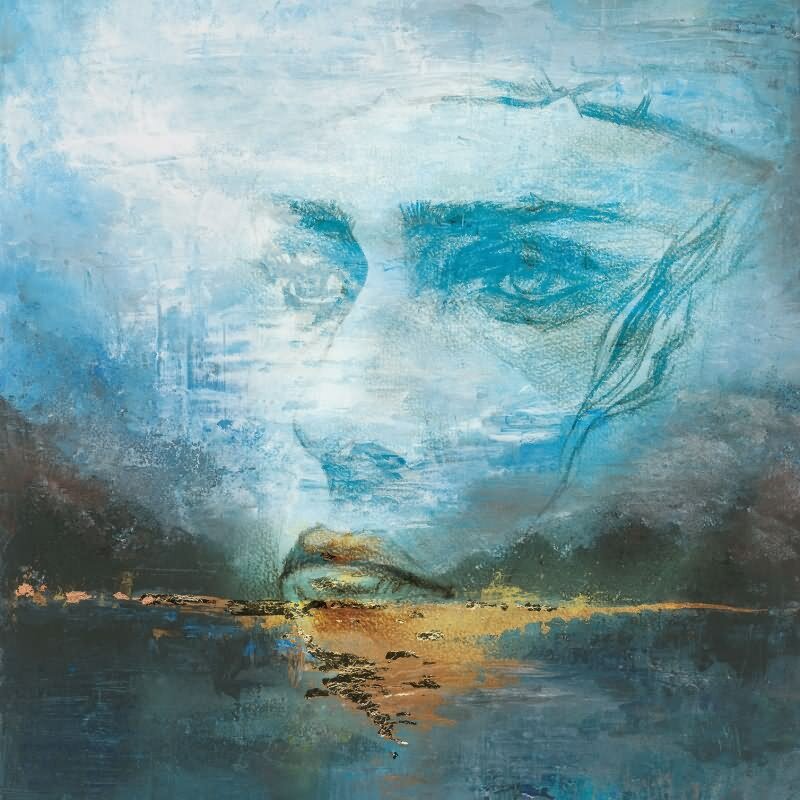 Fototapete in Blau mit abstraktem Gesicht Grafisch Natur für Wohnzimmer Schlafzimmer Küche (KG-171484)