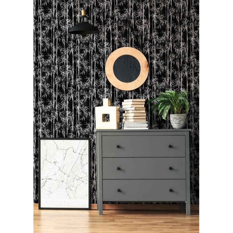 Vliestapete in schwarz, weiß Bambus Blätter Floral Natur (KG-171547)