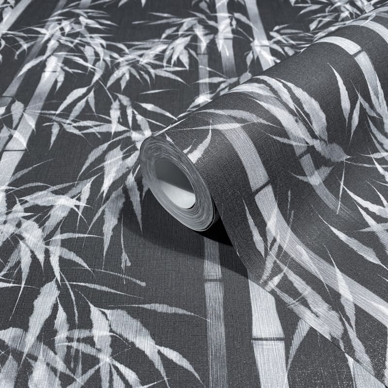Vliestapete in schwarz, weiß Bambus Blätter Floral Natur (KG-171547)