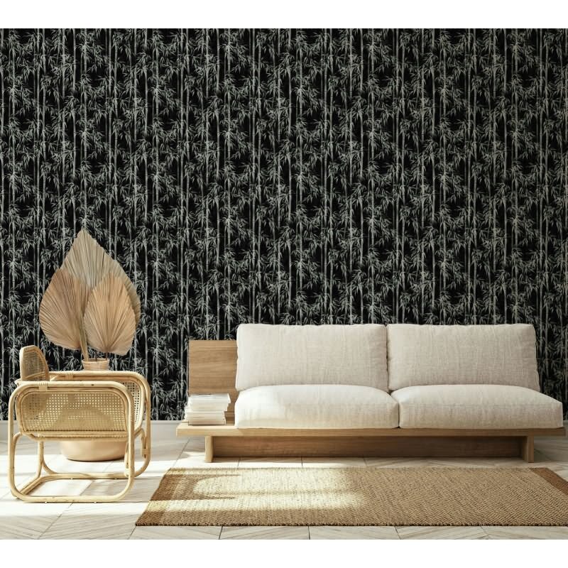 Vliestapete in schwarz, weiß Bambus Blätter Floral Natur (KG-171547)