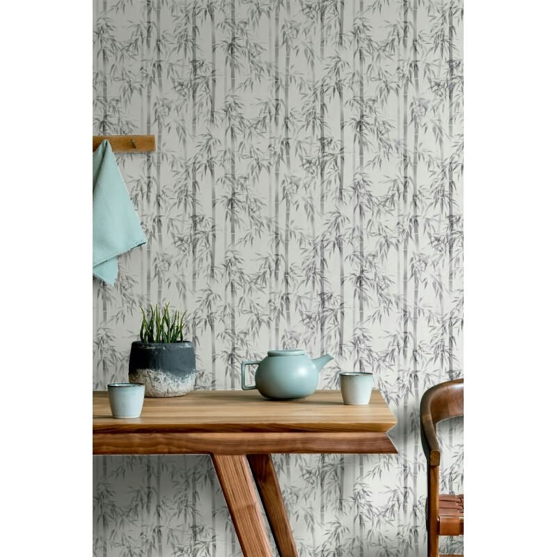 Vliestapete in weiß, grau Bambus Blätter Floral Natur (KG-171548)