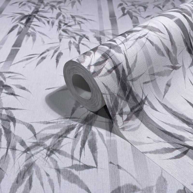 Vliestapete in weiß, grau Bambus Blätter Floral Natur (KG-171548)