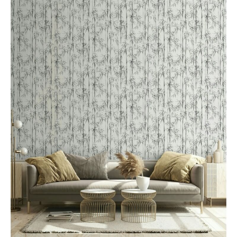 Vliestapete in weiß, grau Bambus Blätter Floral Natur (KG-171548)