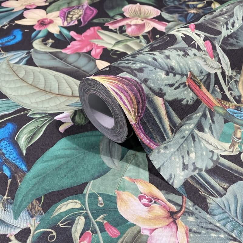 Vliestapete in schwarz, grün Blätter Blumen Floral Natur (KG-171556)