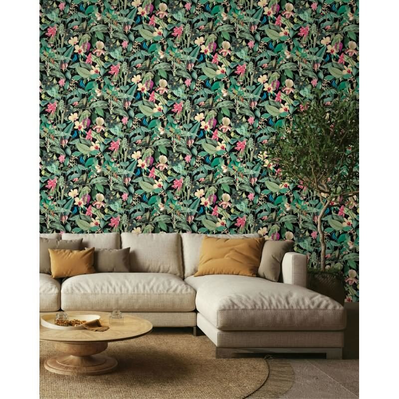 Vliestapete in schwarz, grün Blätter Blumen Floral Natur (KG-171556)