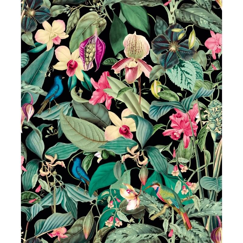Vliestapete in schwarz, grün Blätter Blumen Floral Natur (KG-171556)